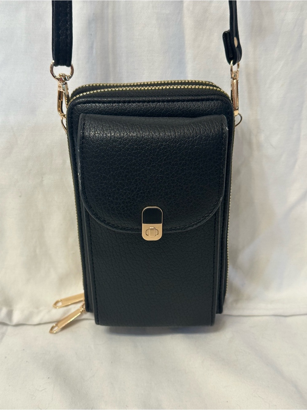 Black Phone Crossbody Bag with Gold Hardware